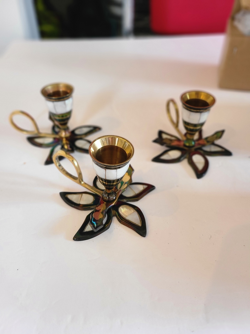 Handcrafted Floral Brass and Mother Of Pearl Candle Holders - Set of 3